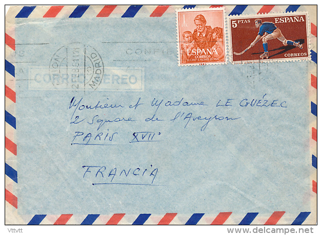 Lettre Air-Mail, Poste Aérienne, Espagne-France (1961), Espana-Francia, Madrid-Paris, Rink-Hockey - Cartas & Documentos