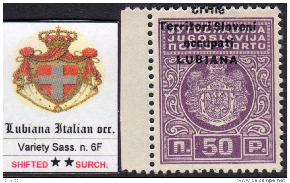 LUBIANA Occ. Italiana - ITAL. BESETZUNG - Sass. 6F  Cv 100 Euro  - Varietà SOPRASTAMPA SPOSTATA -  LINGUELLATO -MH* - Lubiana