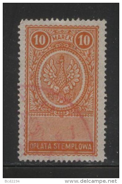 POLAND GENERAL DUTY REVENUE (OPLATA STEMPLOWA) 1921 EAGLE DESIGNS 10M ORANGE PERF 13-14.5 BF#028B - Fiscaux