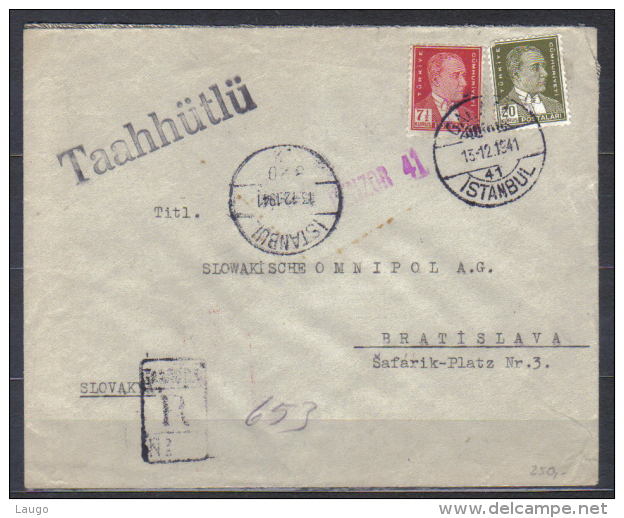 Turkey Cover To Czechoslovakia , Posted  Istanbul 13.12.19418 , Registered , Censored - Lettres & Documents