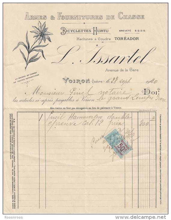 FACTURE ISSARTEL ARMES ET FOURNITURES DE CHASSE - VOIRON ISERE  38 - BICYCLETES HURTU - MACHINES A COUDRE TOREADOR - 1900 – 1949