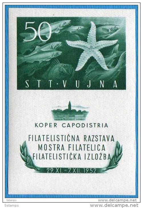 1952  84-BF- 3  TRIESTE B JUGOSLAVIJA SLOVENIJA ITALIA FLORA AND FAUNA IN SEA SOUVENIR SHEET NEVER HINGED - Mint/hinged