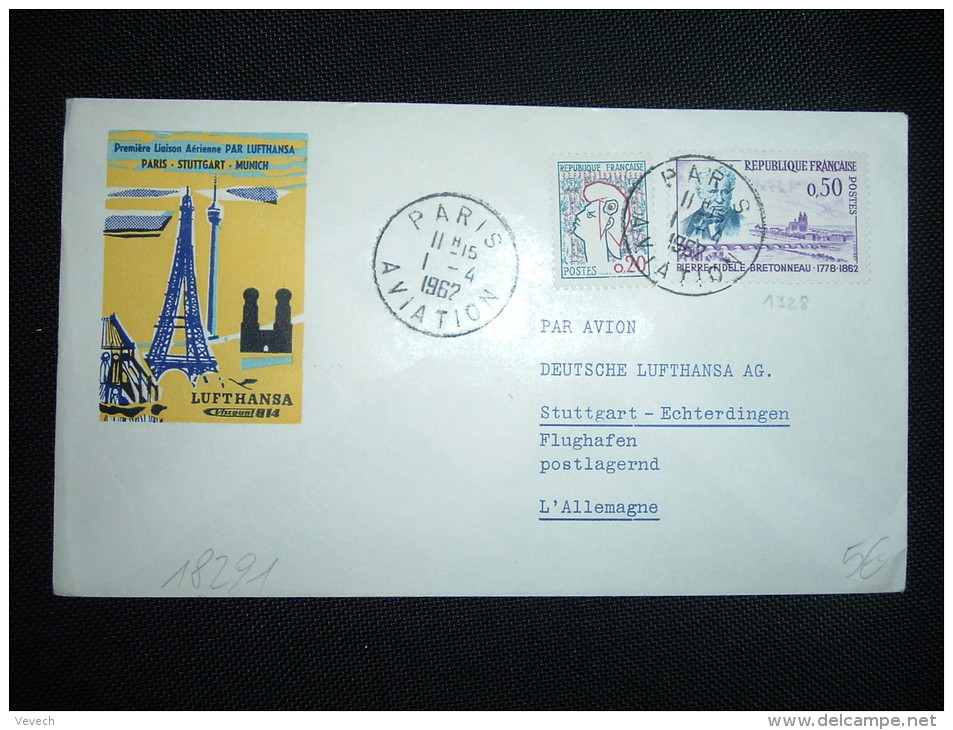 LETTRE TP BRETONNEAU 0,50F + COCTEAU 0,20F OBL. 1-4-1962 PARIS AVIATION + 1ERE LIAISON LUFTHANSA PARIS STUTTGART MUNICH - Primi Voli