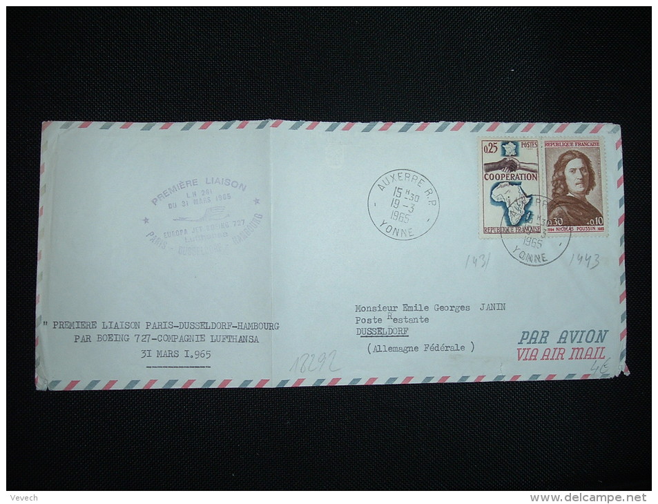 L. TP POUSSIN 0,30F+0,10F+ COOPERATION 0,25F OBL.19-3-1965 AUXERRE RP+ 1ERE LIAISON BOEING 727 PARIS DUSSELDORF HAMBOURG - First Flight Covers