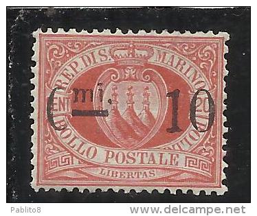 SAN MARINO 1892 STEMMA SOPRASTAMPATO SURCHARGE CENTESIMI 10 SU 20 ROSSO (I TIPO) MNH OTTIMA CENTRATURA SIGNED FIRMATO - Neufs