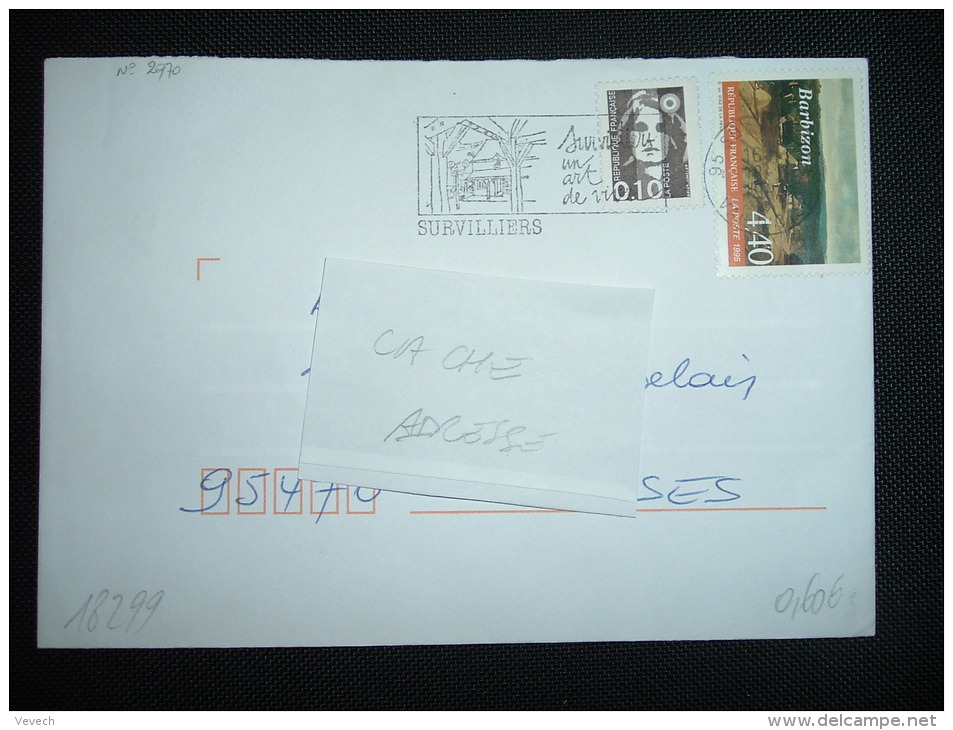 LETTRE TP YT 2970 BARBIZON 4,40F + BRIAT 0,10F OBL.MEC. 18-3-1996 SURVILLIERS (95) 1ER JOUR DE TARIF 2EME ECHELON - Storia Postale