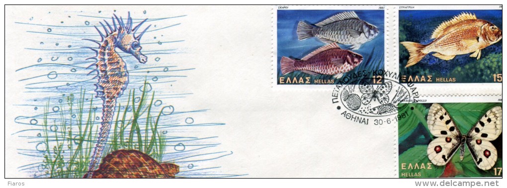 Greece- Greek First Day Cover FDC- "Butterflies, Shells And Fishes" Issue -30.6.1981 - FDC