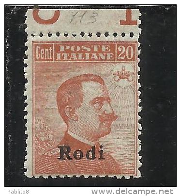 EGEO 1921 - 1922 RODI 20 CENT. CON FILIGRANA WATERMARK MNH - Egée (Rodi)