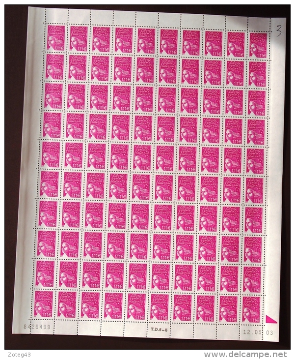 FRANCE 2003 FEUIL COMPLETE DE 100 TIMBRES TYPE MARIANNE DE LUQUET 1,11 € YT N°3574  ** - Full Sheets