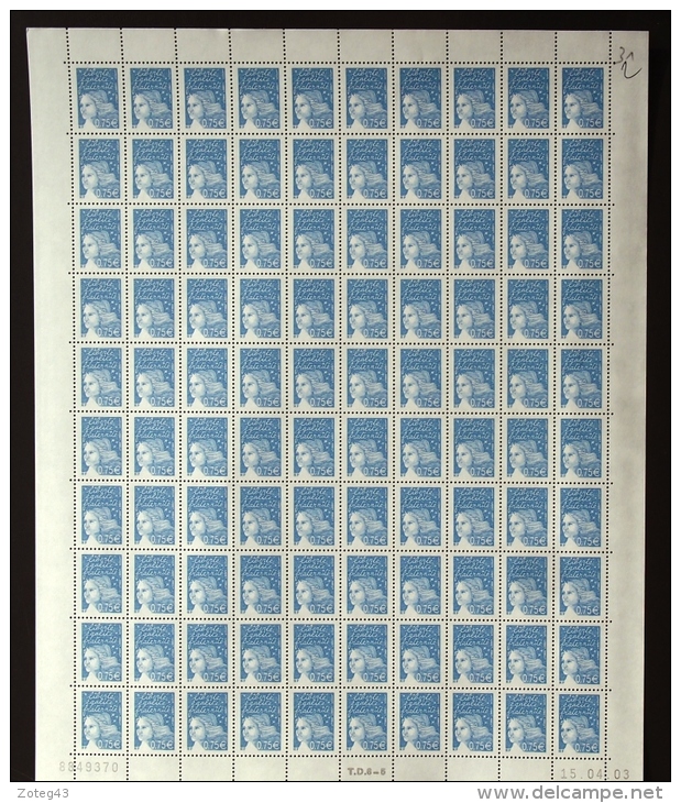 FRANCE 2003 FEUIL COMPLETE DE 100 TIMBRES TYPE MARIANNE DE LUQUET 0,75 € YT N°3572 ** - Volledige Vellen