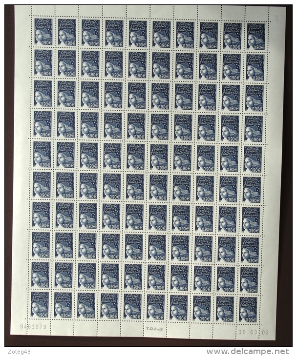 FRANCE 2003 FEUIL COMPLETE DE 100 TIMBRES TYPE MARIANNE DE LUQUET 0,90 €YT N°3573** - Full Sheets