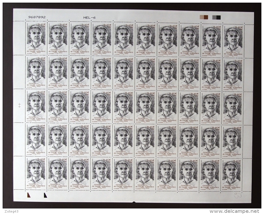 FRANCE 2002 FEUIL COMPLETE DE 50 TIMBRES GENEVIEVE DE GAULLE ANTHONIOZ  YT N°3544** - Feuilles Complètes