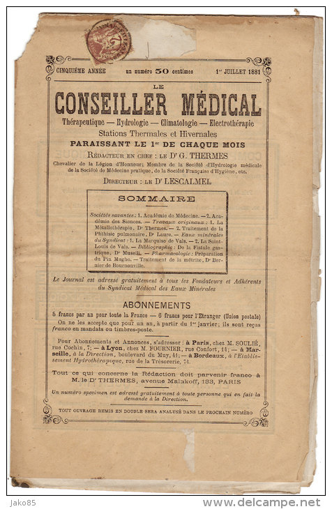 Journal Complet De 12 Pages "LE CONSEILLER MEDICAL " Du 1er Juillet 1881 Avec Timbre N° 85 . - Journaux