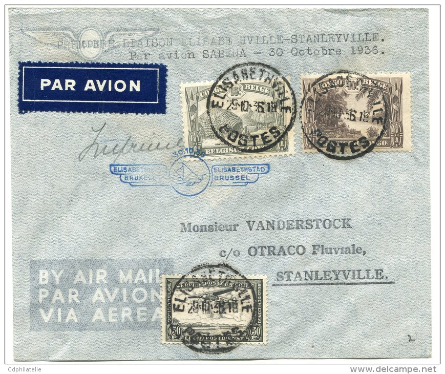 CONGO BELGE LETTRE PAR AVION PREMIERE LIAISON ELISABETHVILLE - STANLEYVILLE PAR AVION SABENA 30 OCTOBRE 1936 - Storia Postale