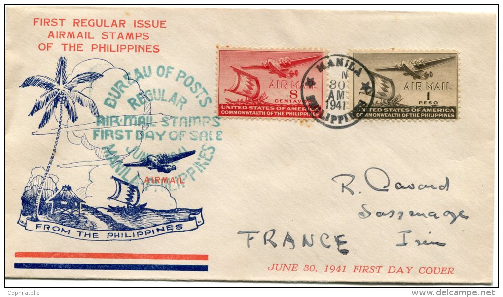 PHILIPPINES ENVELOPPE 1er JOUR DE LA PREMIERE UTILISATION DES TIMBRES DE POSTE AERIENNE DES PHILIPPINES 30 JUIN 1941 - Philippines