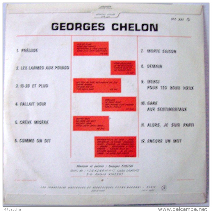 Georges CHELON LP Original BIEM Les Larmes Aux Poings / Morte Saison EX / EX - New Age