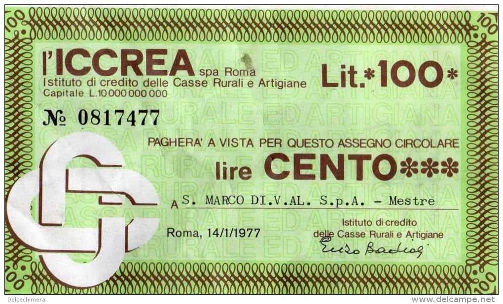 MINIASSEGNO-ICCREA-LIRE 100-MESTRE-DI.V.AL. S.p.A.-1977 - Chèques & Chèques De Voyage