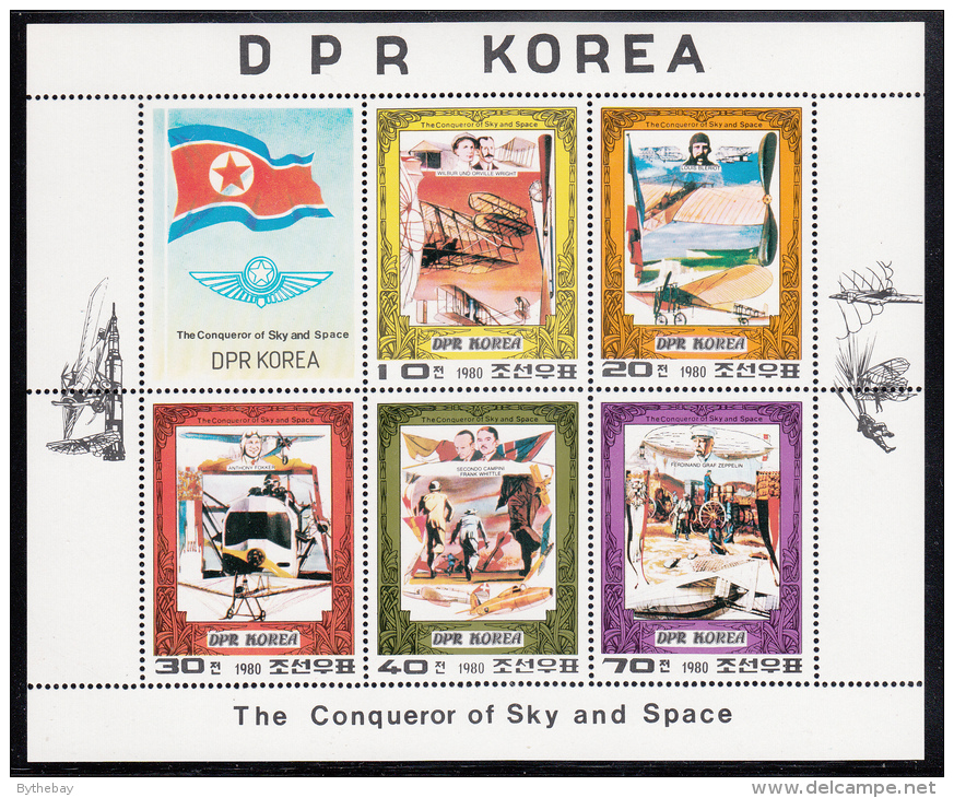 Korea, North MNH Scott #1947a Sheet Of 5 Plus Label: Flight Pioneers - Wrights, Bleriot, Fokker, Campini, Zeppelin - Corée Du Nord