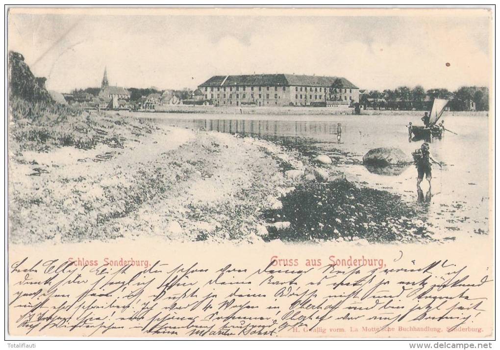 Gruss Aus Sonderburg Schloss Kinder Im Wasser Mit Gestztem Segel Auf Ruderboot Grünlich Sønderborg 2.8.1901 Gelaufen - Nordschleswig