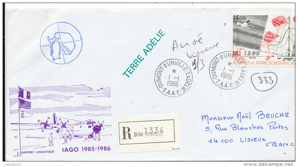 E 277 / TAAF  SUR  LETTRE RECOMMANDEE -DUMONT D'URVILLE T. ADELIE   -1987- - Lettres & Documents