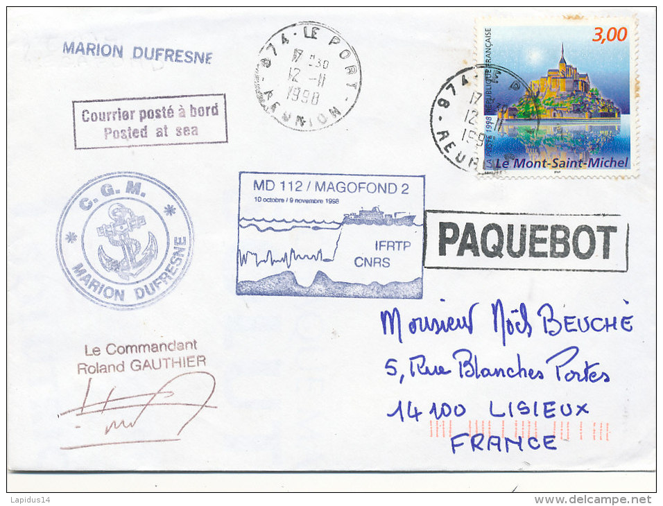 E 317/ TAAF  SUR  LETTRE   - C G M . MARION DUFRESNE 1998 - Lettres & Documents