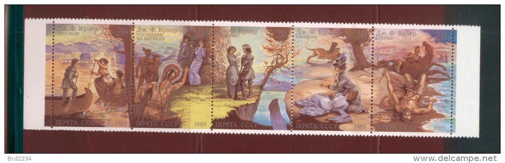 RUSSIA SOVIET UNION 1989 BIRTHDAY JOHN FENIMORE COOPER STRIP OF 5 NHM RED INDIANS AUTHOR LAST OF THE THE MOHICANS WRITER - Indiens D'Amérique