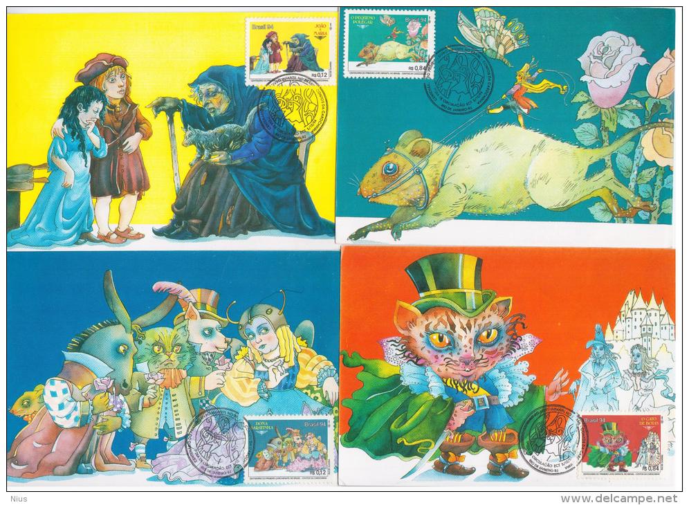 BRAZIL 1994 MC X4 CENT DO PRIMO LIVRO INFANTIL NO BRASIL, El Gato Con Botas, Pulgarcito,Joao E Maria,maximum Cards Tales - Maximum Cards