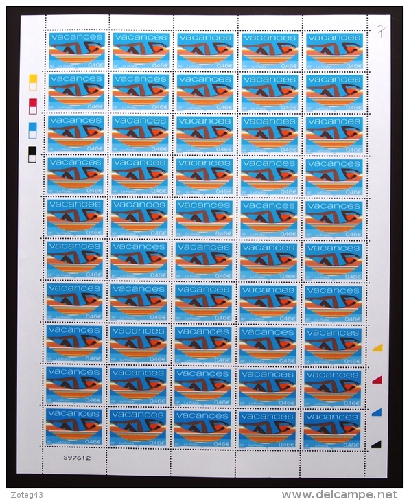 FRANCE 2002 FEUILLE COMPLETE DE 50 TIMBRES VACANCES  YT N°3493** - Full Sheets