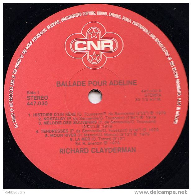 * LP *  RICHARD CLAYDERMAN - BALLADE POUR ADELINE - Instrumental