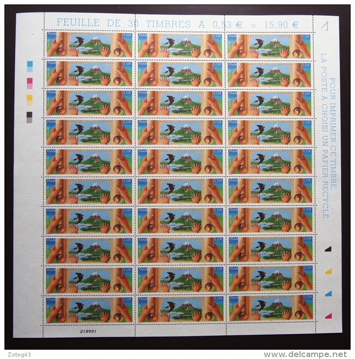 FRANCE 2005 FEUILLE COMPLETE DE 30 TIMBRES CHARTE DE L'ENVIRONNEMENT  YT N°3801** - Full Sheets