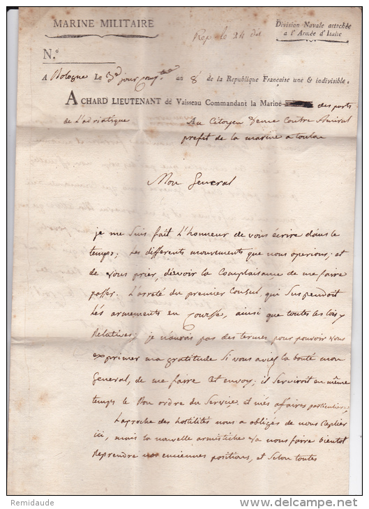 AN 8 - ARMEE D'ITALIE - RARE LETTRE DE LA MARINE MILITAIRE FRANCAISE DES PORTS DE L'ADRIATIQUE à BOLOGNE - Legerstempels (voor 1900)