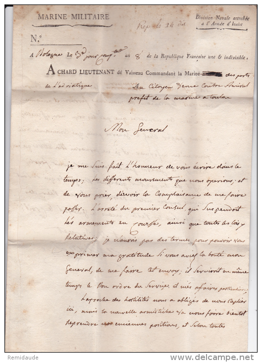 AN 8 - ARMEE D'ITALIE - RARE LETTRE DE LA MARINE MILITAIRE FRANCAISE DES PORTS DE L'ADRIATIQUE à BOLOGNE - Armeestempel (vor 1900)