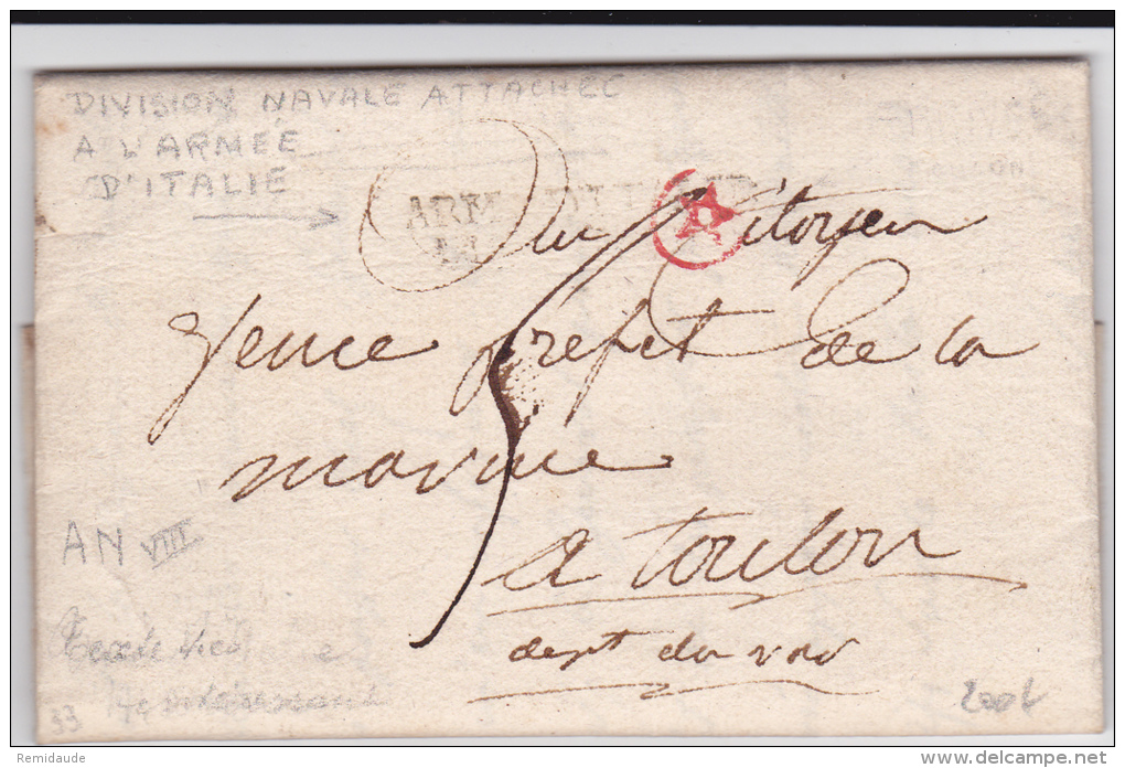 AN 8 - ARMEE D'ITALIE - RARE LETTRE DE LA MARINE MILITAIRE FRANCAISE DES PORTS DE L'ADRIATIQUE à BOLOGNE - Armeestempel (vor 1900)