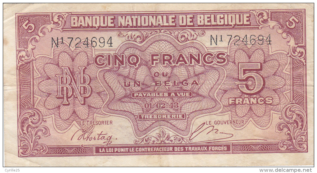 5 FRANCS-UN BELGA 01-02-43   N1 724694 - 5 Francs-1 Belga