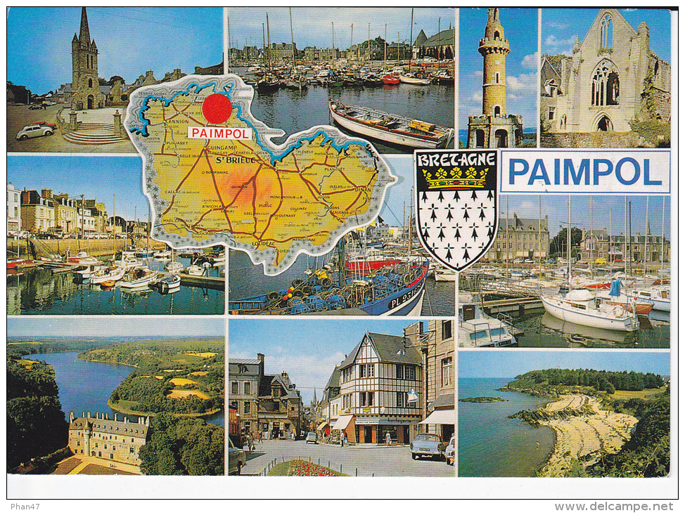 PAIMPOL (Côtes Du N.), Carte De Rég. Blason, Eglise, Phare, Port, Place Du Village, Bateaux, Simca Ariane, VW Coccinelle - Paimpol