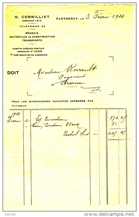 PARTHENAY. - H. CORNILLIET. ENGRAIS, MATERIAUX DE CONSTRUCTION, TRANSPORTS - Verkehr & Transport