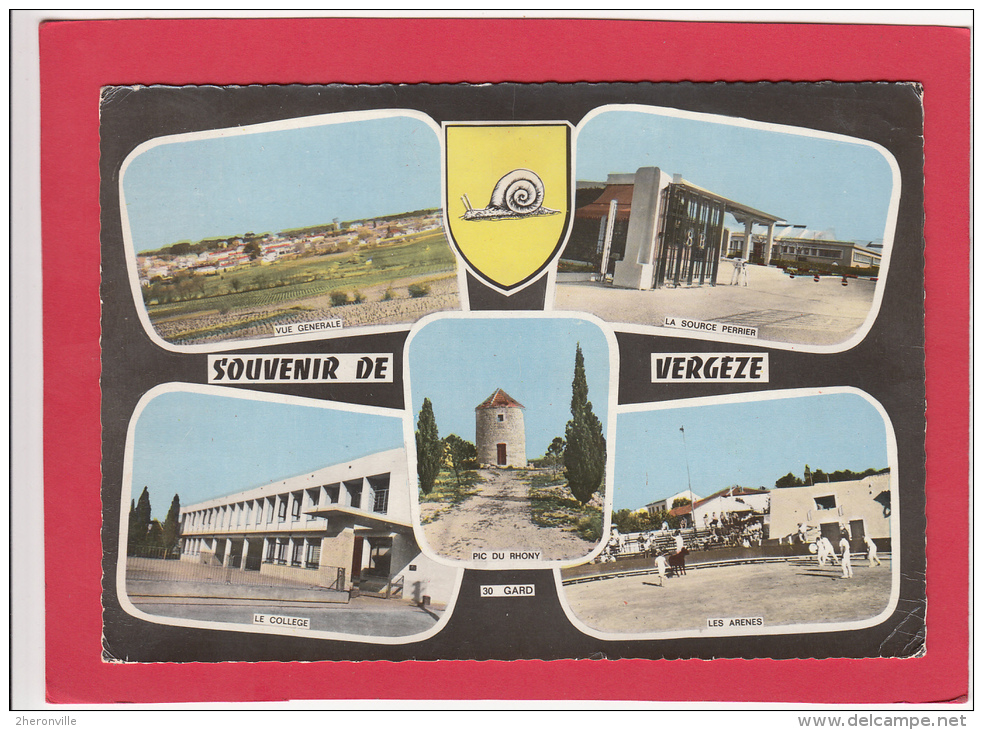 CPSM - Souvenir De VERGEZE - Vue Générale - Collège - Source Perrier - Arenes Avec Taureau - Vergèze