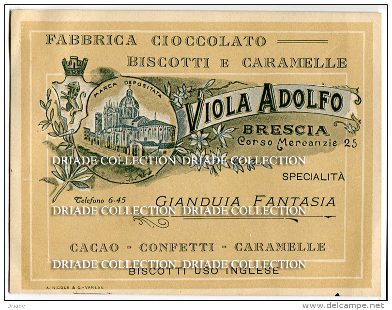 PUBBLICITà COMMERCIALE FORMATO CARTOLINA FABBRICA CIOCCOLATO BISCOTTI CARAMELLE VIOLA ADOLFO BRESCIA - Publicités