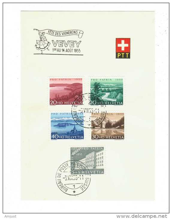 Suisse // Feuillet PTT Avec Série De Timbres Pro-Patria  1955 Et Cachet De La Fête De Vignerons De 1955 - Lettres & Documents