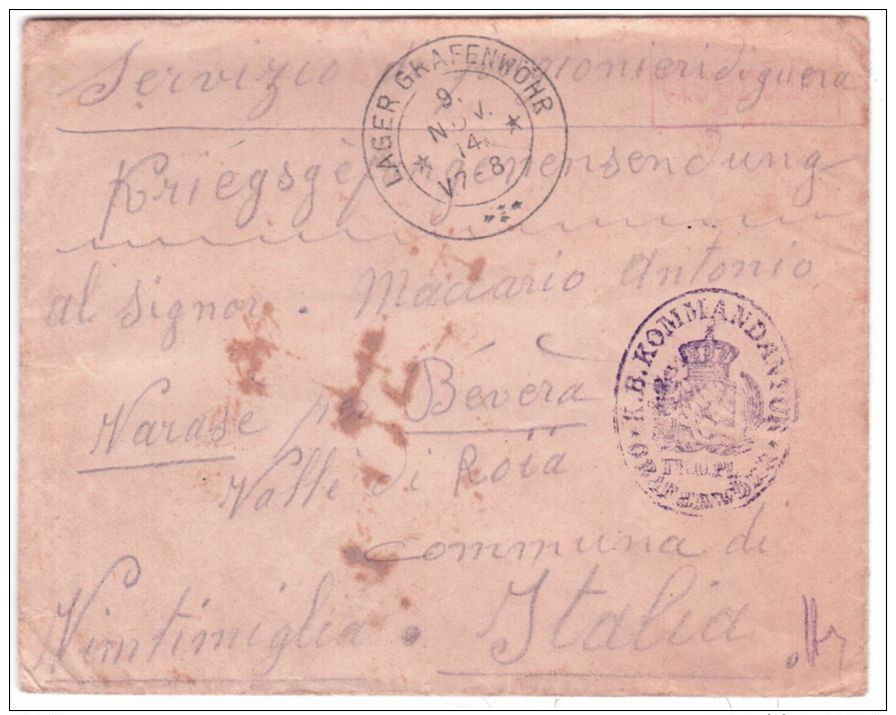 WWI - 1914- Busta  Da  LAGER GRAFENWOHR    Per Vintimiglia   (  P G ) - Poststempel