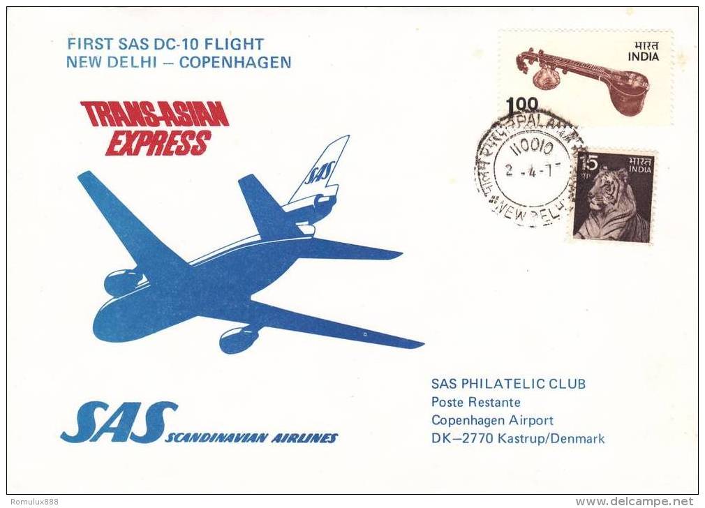 TRANS-ASIAN EXPRESS FIRST SAS DC-10 FLIGHT NEW DELHI-COPENHAGEN 1977 (A) - Poste Aérienne