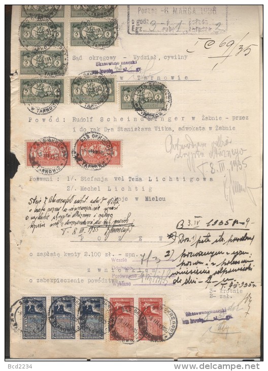 POLAND 1934 COURT FEE DOCUMENT WITH 3 X 2.50 + 2 X 80GR COURT DELIVERY BF#14, 12 + 8 X 5ZL + 2 X 1ZL COURT REVENUES - Revenue Stamps