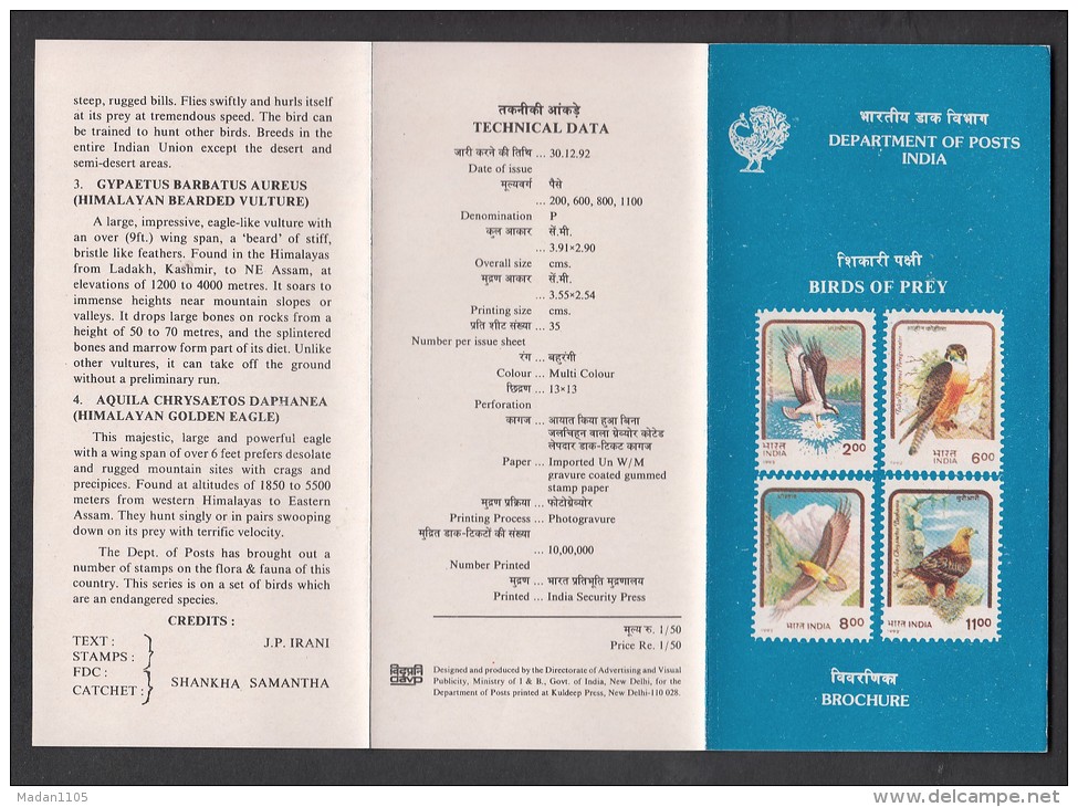 INDIA, 1992,    Birds Of Prey, Eagle Falcon Osprey Lammergeier  , Brochure. - Brieven En Documenten