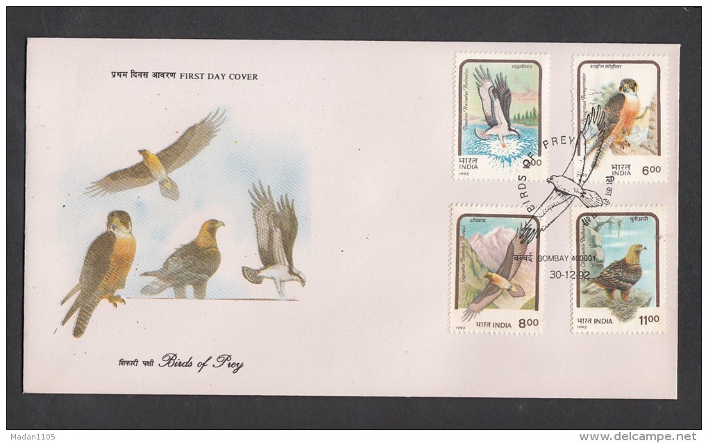 INDIA, 1992,  FDC,   Eagle Falcon Osprey Lammergeier Bombay Cancellation - FDC