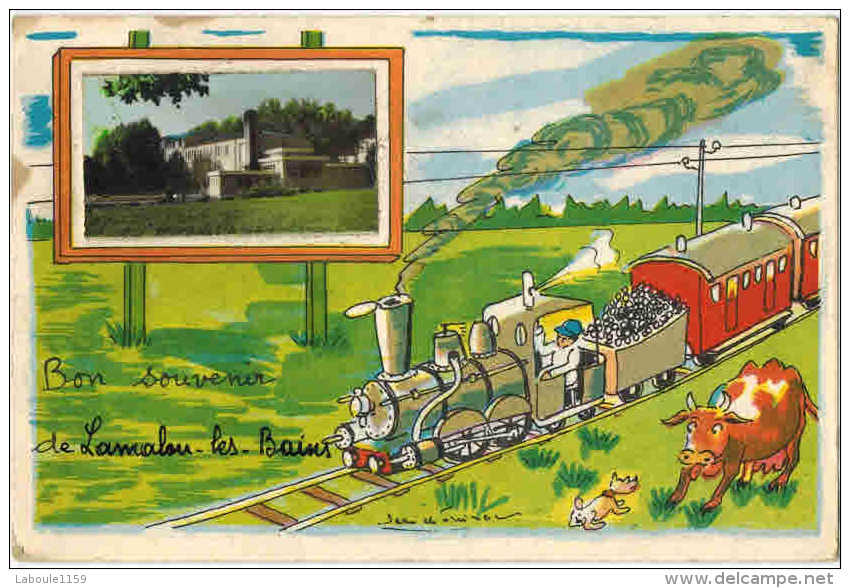 FANTAISIE  ILLUSTREE Par J De Preissac : " Bon Souvenir De Lamalou Les Bains "  Locomotive à Vapeur Train Vache Chien - Preissac