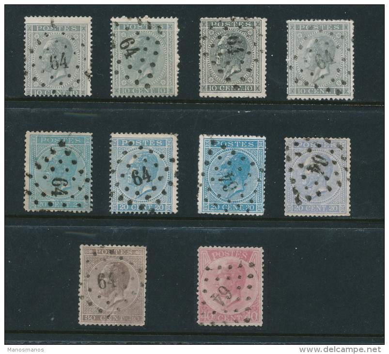 859/21 - Emission 1865 - Petite Collection De 10 Losanges De Points 64 BRUX OUEST MOLENBEEK - Matasellado Con Puntos