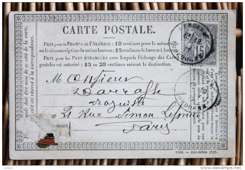 Carte Postale Précurseur Affranchie Pour Paris Oblitération Type 18 Bergerac  Dordogne - Precursor Cards