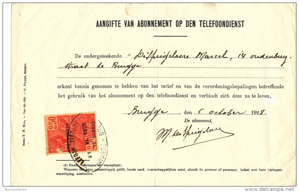 862/21 - Abonnement TELEPHONES BRUGES 1928 - Cachet Ovale Bilingue Sur Timbre Fiscal - Timbres Téléphones [TE]