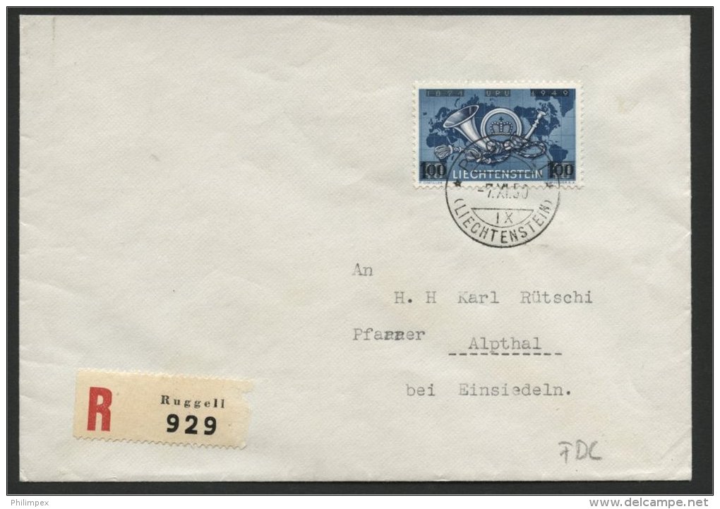 LIECHTENSTEIN, SURCHARGE 1 FRANC ON 40 CENTIMES UPU 1950, ON COVER FDC - FDC