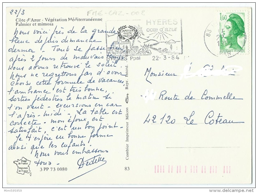 3 PP 73 0080 - COTE D´AZUR - Végétation Méditerranéenne - Palmier Et Mimosa - Circulée 1984 - Scan Recto-verso - Provence-Alpes-Côte D'Azur